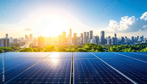 Solar Panels Cityscape Sunrise Energy