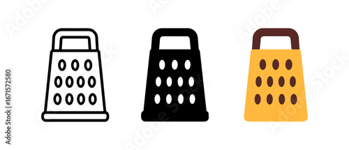Set of cheese grater icons in outline, solid, and flat styles