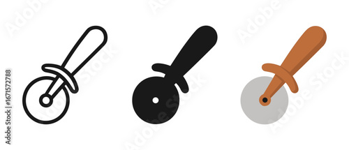 Pizza cutter icon set: outline, solid, and colorful versions