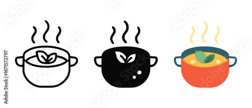Trio of cooking pot icons in minimalist, silhouette, and colorful styles