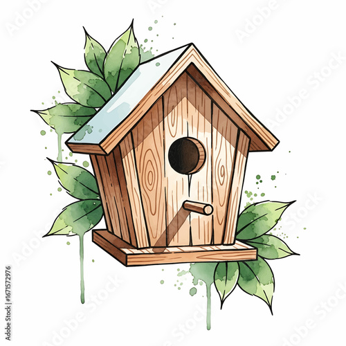 Watercolor Wooden Birdhouse with Leaves
