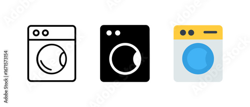 Set of washing machine icons in linear, solid, and flat styles