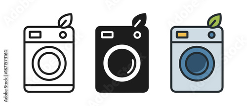 Eco-friendly washing machine icons featuring leaf accents