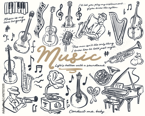 Music Whimsical vector hand-drawn Illustration Set