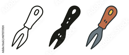 Three garden forks in simple modern styles on a white background