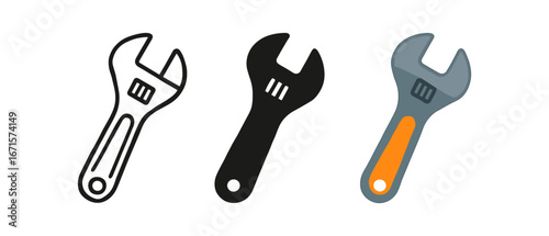 Set of adjustable wrenches in linear, silhouette, and flat design styles