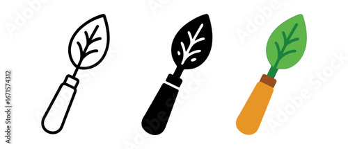 Leaf spatula icons: linear, silhouette, and colorful styles for kitchen themes