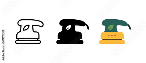 Eco-friendly sander icon set in linear, silhouette, and flat styles
