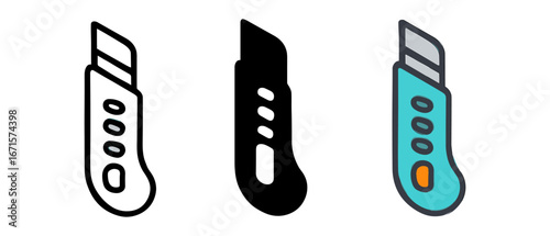 Set of utility knives in line, silhouette, and color styles