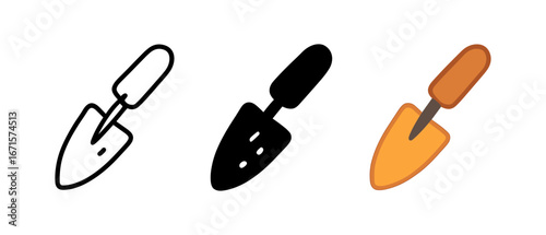 Set of gardening trowels in outlined, solid, and flat styles
