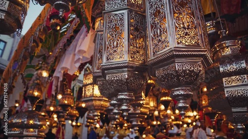 Vibrant market scene at sunset, captured from a low angle. Ornate lanterns and colorful fabrics create a lively atmosphere, ideal for a cultural video.