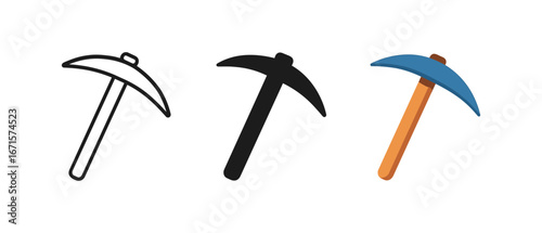 Minimalist pickaxe designs: outline, silhouette, and colorful variations