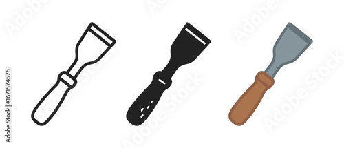 Set of spatula icons in linear, silhouette, and flat styles for kitchen themes