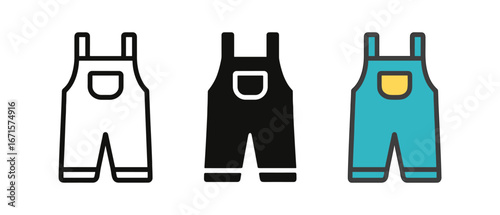Minimalist overalls icon set: black, white, and blue variations