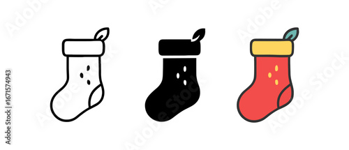 Christmas stocking icons set: outline, monochrome, colored variations