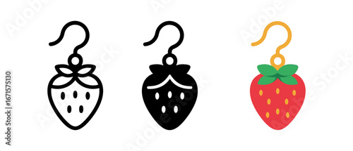 Strawberry earring design: outline, silhouette, and colorful versions