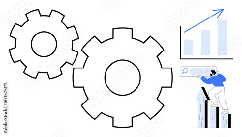Two large gears, upward-trending chart, and person analyzing data, representing teamwork, process, innovation, growth, planning performance and collaboration. Ideal for business process themes