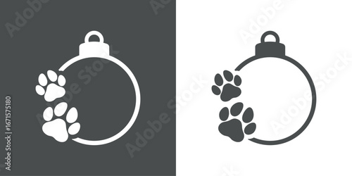 Tiempo de Navidad. Logo con silueta de bola de navidad con zarpas de perro o gato para tarjetas y felicitaciones