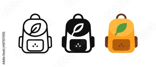 Eco-friendly backpack icons in minimalist and flat design styles