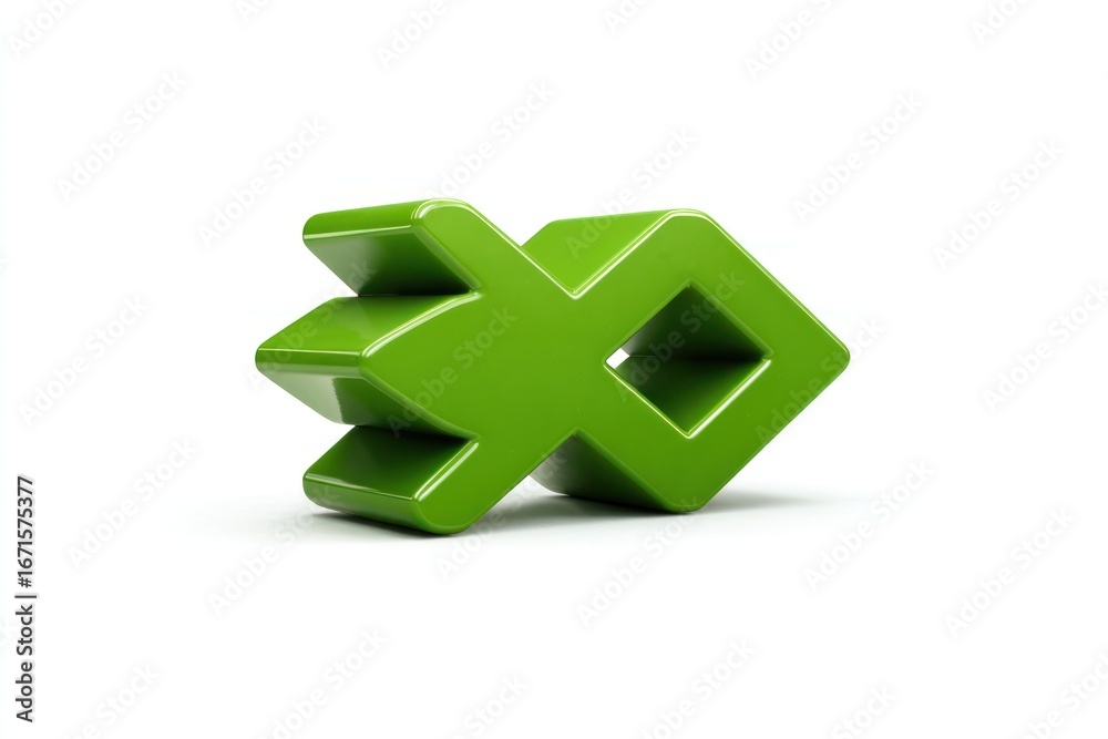Obraz premium A bright green geometric arrow, angled on a white surface, points right with a three-part head and square tail