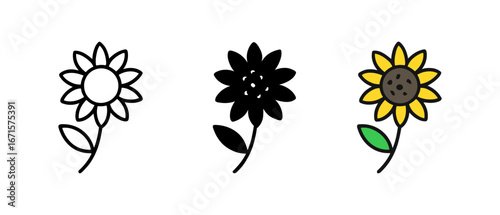 Minimalist sunflowers in outline, solid, and color formats