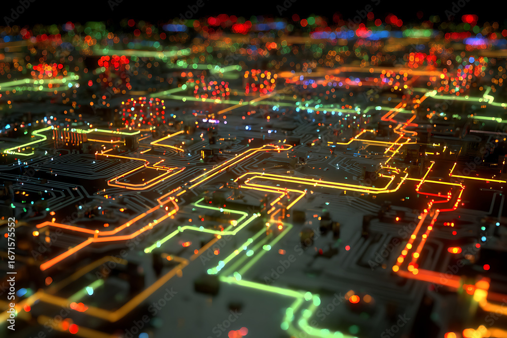 Obraz premium Experience the dynamic pulse of a futuristic digital network, with glowing circuits and vibrant data streams creating an electrifying visual symphony of innovation and connection.