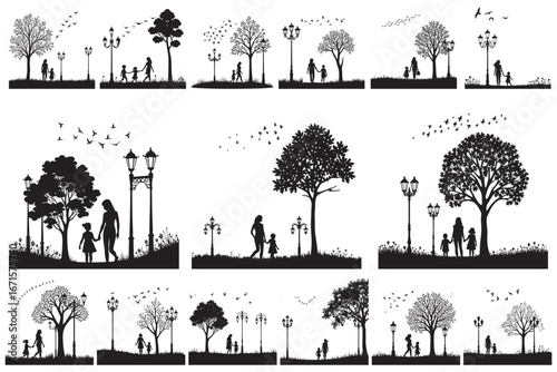 Black silhouette family walking in park with trees and lampposts