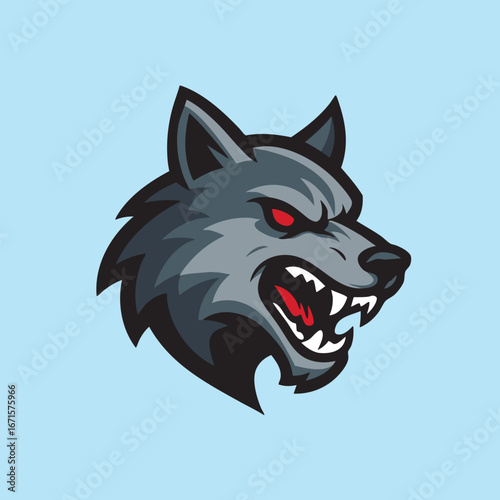 Ferocious wolf mascot with sharp fangs and glowing red eyes, perfect for gaming logo, sports emblem, or wild animal character design.