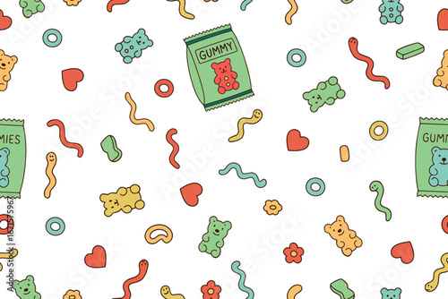 Seamless pattern of gummy candies and marmalade. Colorful glossy juicy chewy sweets, teddy bears and, soft marmalade, fruits and berries for chewing, children's pharmacy collection isolated on white. 