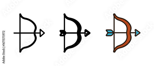 Collection of archery bows and arrows in simple and colorful styles