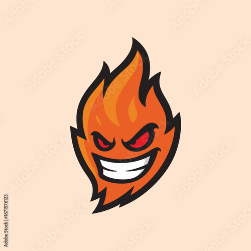 Angry flame mascot with evil red eyes and sharp grin, perfect for gaming logo, sports emblem, or fire-themed character design.