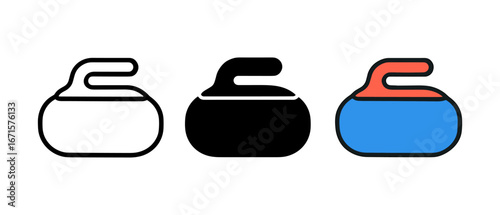 Set of curling stones in minimalist outline, solid, and colorful designs