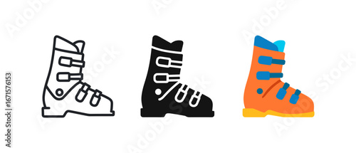 Ski boot variations: outline, filled, and colorful designs for winter sports enthusiasts