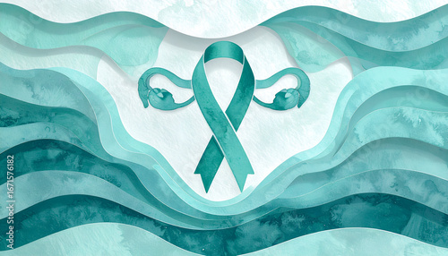 Teal ribbon and stylized ovaries symbol on a textured teal and white background.