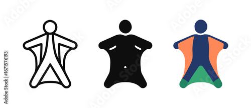 Wingsuit icons collection in outline, solid, and colorful styles for adventure design