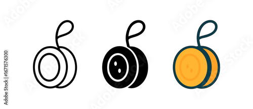Trio of yo-yo designs: outline, solid, and colorful flat style set