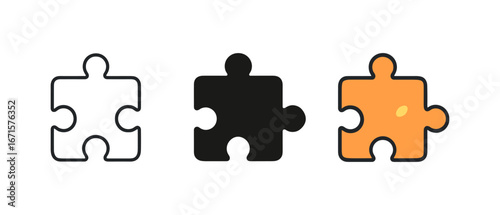 Puzzle piece icons set in minimalist style with outline, solid, and colored variants