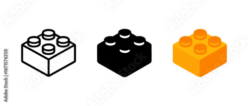Three variations of toy building block: outline, solid, and colorful