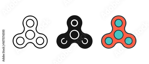 Fidget spinner designs: outline, solid, colorful variations on white background