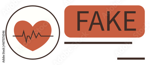 Heart image with heartbeat line paired with bold fake text element. Ideal for healthcare warning, awareness campaigns, misinformation prevention, authenticity check, critical thinking, fraud alert