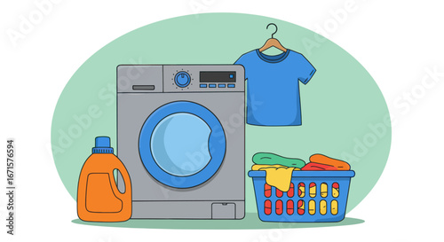 Laundry room essentials including washing machine detergent and clothes basket.