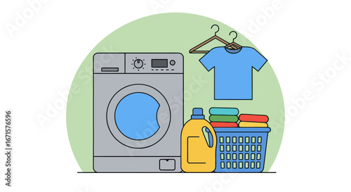 Laundry essentials - washing machine, clothes, detergent, and basket.