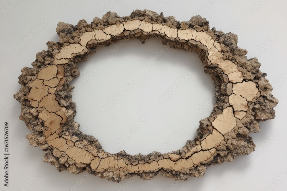 Obraz premium A circular, textured wood piece exhibits intricate cracks and natural grain patterns, creating a visually captivating and organic design.