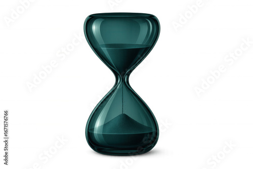 Transparent backdrop revealing dark green hourglass, sand cascading, symbolizing time passing and deadline pressure