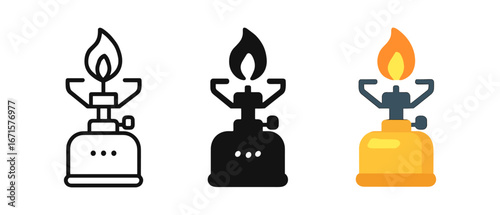 Camping gas stove icons: outline, solid, and colorful variations