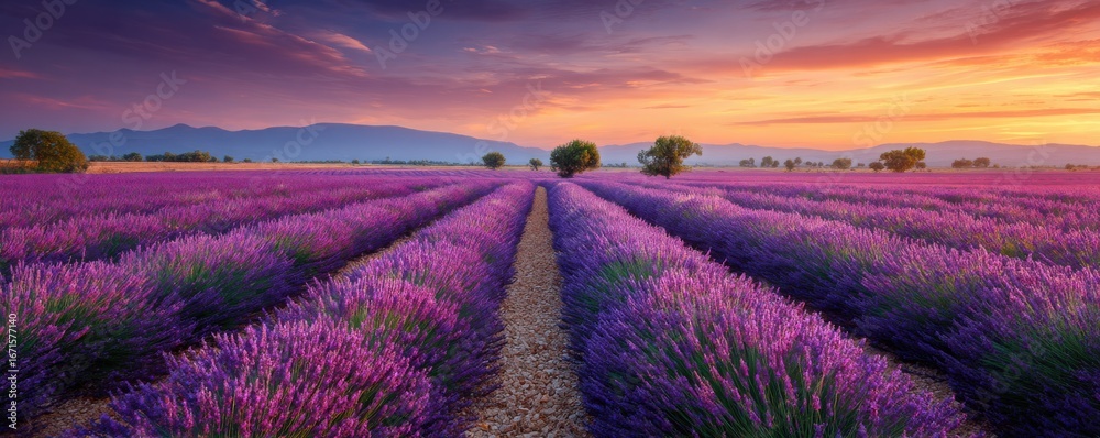 Obraz premium Landscape of lavender field at sunset with rows leading into horizon and room for overlay