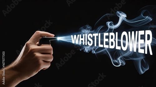 Whistleblower Announcement: A hand holds a whistle, with the word whistleblower emerging from the whistle's sound, accompanied by a vaporous effect.