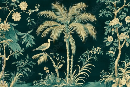 Creates exotic tropical toile de jouy pattern with parrots and flowers