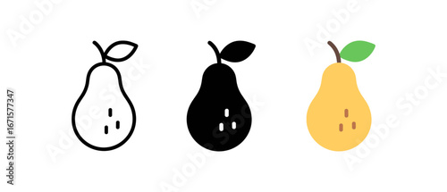 Simple pear designs: outline, silhouette, and colorful variants