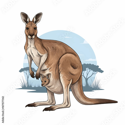 Vector illustration of a kangaroo with baby joey in Australian outback habitat
